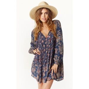Free People Dress XS Mini Shift Peasant Long Sleeve Flowy Floral Print Blue